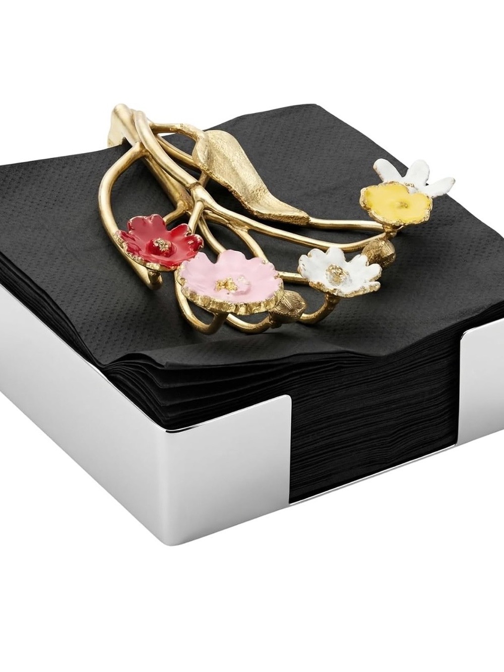 Gold Floral Enamel Napkin Ring with Red, Pink, White, Yellow Flowers